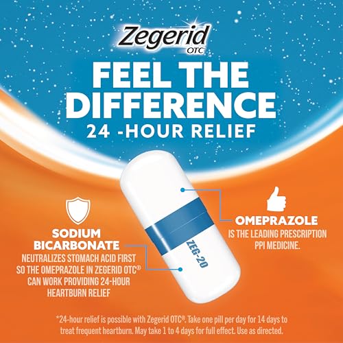Image of Zegerid OTC Heartburn Relief, Omeprazole 20mg + Bicarbonate, 42 Ct | 24-hour frequent heartburn relief . Proton pump inhibitor with dual-ingredient formula . 42 capsules