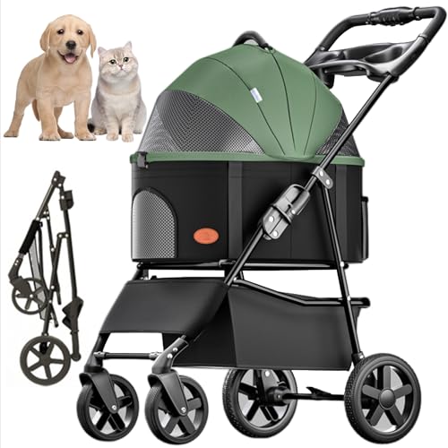 3-in-1 ペットベビーカー、取り外し可能なキャリアジッパーレスエントリー付き折りたたみ軽量犬ベビーカー、33 ポンドまでの中小型犬用の収納バスケットカップホルダー付き猫旅行ベビーカー,グリーン