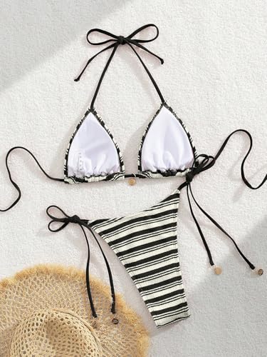 Image of ZAFUL 2 Piece Triangle Bikini for Women Knitted Rope Halter Bikini Sets Sexy Bathing Suit Side Tie Swimsuits Beachwear