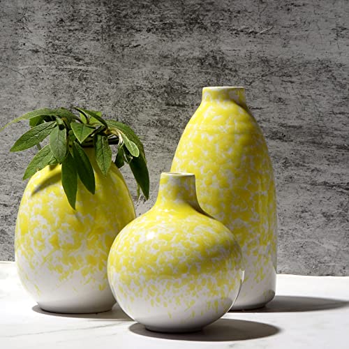 Ceramic Vase 3 Piece Set, Home Decor Decorative Flower Vases Set For Modern Farmhouse Decoration, Living Room Centerpieces,Events, Table, Bookshelf, Mantel And Entryway Decor (Yellow,Oval) #TOP2