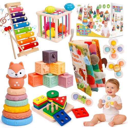 VuvuVoda Montessori Spielzeug für Kleinkinder 13 Jahre 7-in-1 Lernspielzeug Aktivitätsset mit Stoffbuch Stapelbausteinen & Sensorischem Spielzeug Geschenk für Jungen & Mädchen