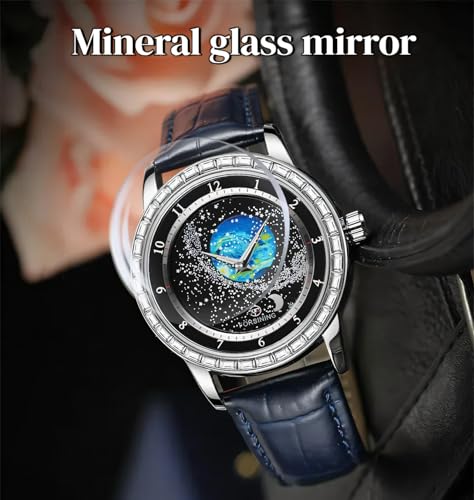 Image of FORSINING Watches for Men Rhinestone Inlay Rotational Starry Sky Moon Phase Mechanical Automatic Watch Waterproof for Business Leather Wristwatch