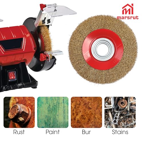 Image of 8 Inch Wire Wheel for Bench Grinder, Crimped Steel Brass Coated Brush with 1 /2 inch 5 /8 inch 3 /4 inch 7 /8 inch 1 inch Arbors, Round Grinding Accessories for Paint Rust Removal Deburring Descaling Finishing Polishing