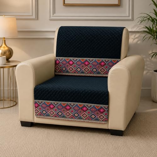 Image of KINGLY Sofa Cover 1 Seater Fully Covered | Stretchable Anti-Slip Slipcover | Washable Furniture Protector | Black Multicolor | Set of 2 | Seat & Back |