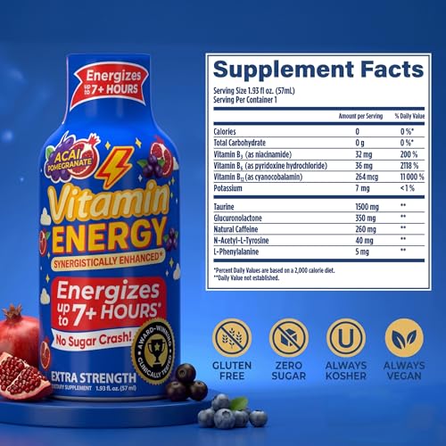 Image of Vitamin Energy Acai Pomegranate Extra Strength Energy Shot, 24 Pack - Up to 7 Hrs, 260mg Natural Caffeine, Zero Sugar - B12 11,000% DV + B6 2,118% DV + Taurine 1,500mg, 1.93 fl oz, Keto Vegan