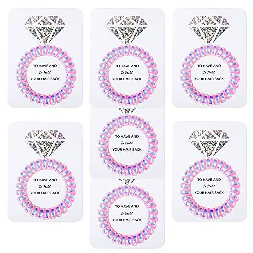 Bachelorette Scrunchies Set of 7 with Laser Diamond Card,Bridesmaid Proposal Gifts,Spiral Coil Hair Ties Scrunchies,Bridal Shower Wedding Favors Souvenirs Decorations for Guest (Pink)