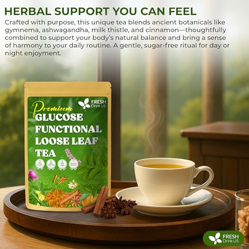 Image of FreshDrinkUS, Glucose Functional Loose Leaf Tea | 4oz | Herbal Blend of Gymnema, Milk Thistle, Dandelion Root, Cinnamon & Ashwagandha - Naturally Caffeine-Free, Premium Quality, Balanced Flavor. Vegan