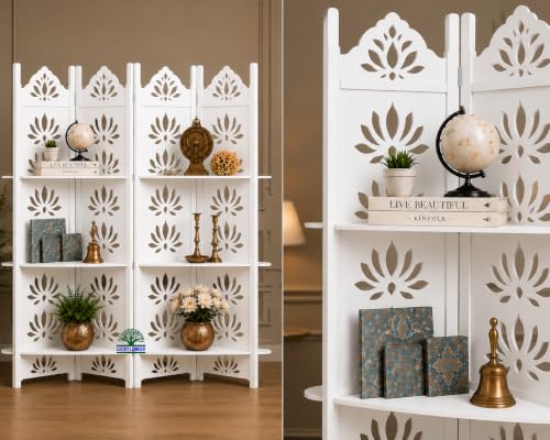 Image of Wooden Room Divider Partition with Display Shelves for Living Room | Foldable 4 Panel Decorative Privacy Screen Separator for Home, Office & Bedroom | (White with Shelves)