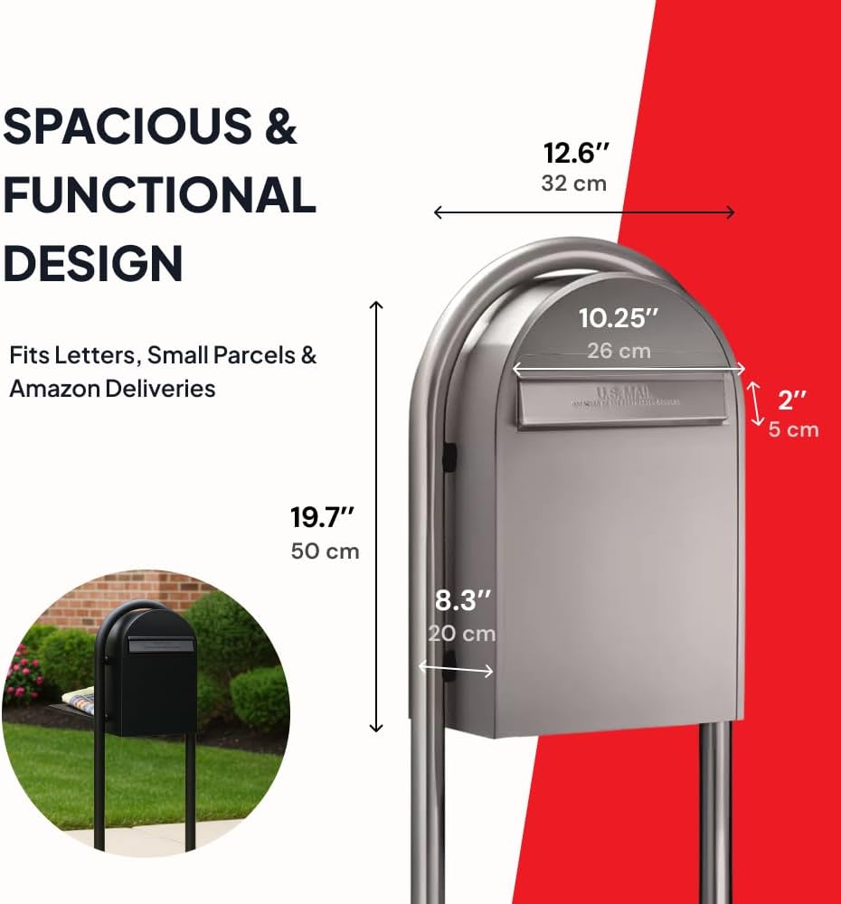 Bobi Rear Access Mailbox with Post Brushed Stainless Steel Modern Mailbox Classic B Rust-Resistant Outdoor Mailbox with Key Lock & Anti-Fishing Slot