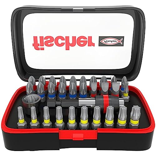 fischer Profi Bit Set, Premium Bit Set für einen schnellen Bitwechsel, universeller Einsatz mit den gängigsten Bits und einem Bithalter, für alle Schraubanwendungen, mit Farbleitsystem, 32 Teile