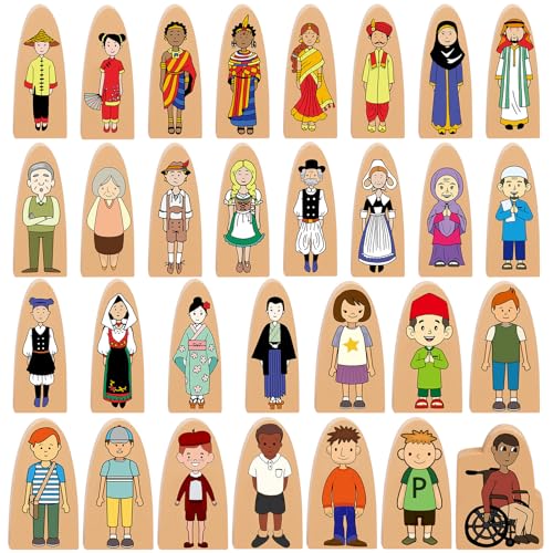 Syhood 30 Pcs Wooden Community Helpers Toys Multicultural Career Wooden People Figures Dolls Small...