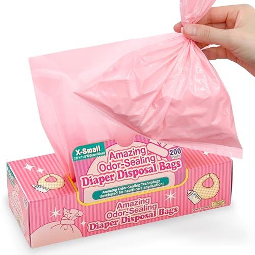 Image of BOS Amazing Odor Sealing Baby Diaper Disposal Bags - Durable and Unscented [Size: XS, Color: Pink] (200 count, Pack of 1) (200 Bags)