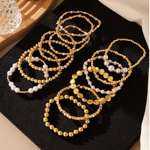 KISS WIFE Gold Bracelets for Women Gold Bracelet Stack Pearl Beaded Bracelets for Women Strand Bead Ball Stretchable Elastic Bracelet Set Adjustable Fashion Accessories Jewelry for Gifts - Thumbnail 4