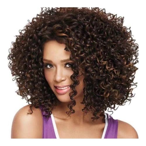 Perruque synthétique Afro bouclée marron et noire courte avec frange