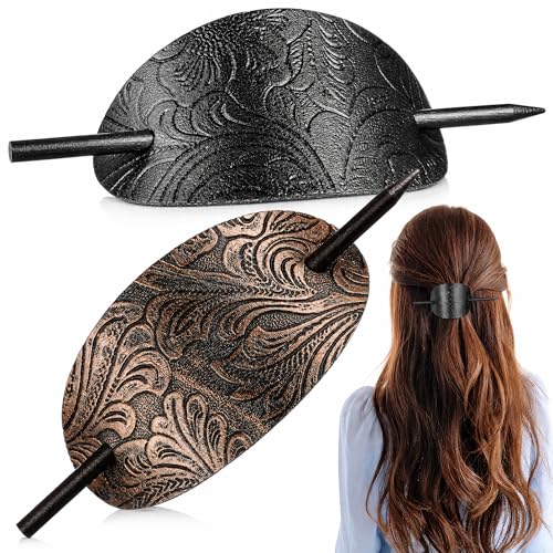POPETPOP 2pcs Hairpin Ponytail Holders - Leather Hair Barrette with Wood Cuff, Hair Styling Stick for Ponytails and Updos, and Hair Clips for Women