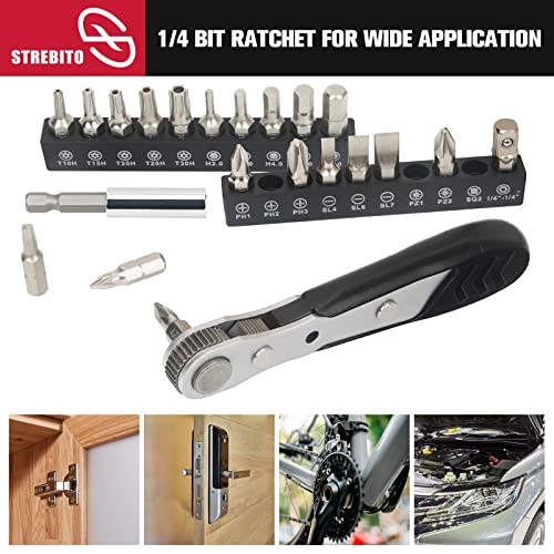 Image of STREBITO Mini Ratchet Set, 22-Piece 1 /4 Ratchet Right Angle Screwdriver, 36-Tooth Small Ratcheting Wrench Bit Ratchet For Tight Spaces, with Phillips, Slotted, Torx, Hex, Square and Adapter for Socket