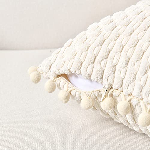 Fancy Homi Set of 2 Boho Cream Decorative Throw Pillow Covers 18x18 Inch with Pom-poms for Couch Bed Sofa, Modern Farmhouse Home Decor, Soft Plush Corduroy Cute Cushion Case 45x45 cm - Image 4