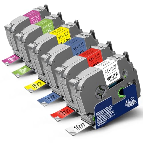 Image of Topcolor 6-Pack 18mm 0.7" Laminated Tape Compatible for Brother P Touch Label Tape 18mm 0.7 Inch Laminated Colored Tze Tz 3/4" Label for PTD400 PTD610BT PTD410 PTD600, White/Red/Yellow/Blue/Green/Pink