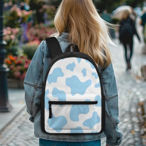 GIFTPUZZ Blue Cow Print Backpack Set for Kids Stylish Book Bag with Lunch Box, Pencil Case, Drawstring Bag & Keychain Suit for School, Travel & Daily Use Daypack Cute2