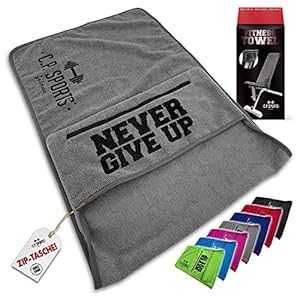 C.P. SPORTS Fitnesshanddoek, microvezel, fixatie + tas met ritssluiting, fitnessstudio, gym, training, sport, extra zacht, wasbaar, lang en groot, voor vrouwen en mannen, kleur lichtgrijs