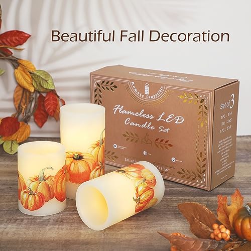 Image of Fall Flameless Candles with Remote, Set of 3 Pumpkin Design LED Candles with Timer and Dimmer Function, Home Party Wedding Autumn Thanksgiving Day Decor