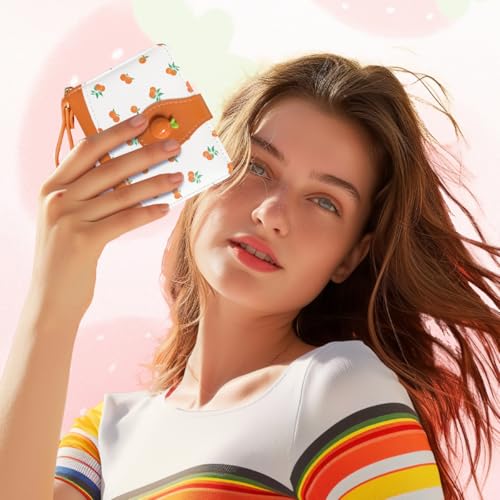 Image of Cute Print Wallet Blueberry Strawberry Cherry Wallet with Credit Card Slot Zipper Coin Pocket for Women Girls (ORANGE)
