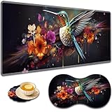 大型ゲームマウスパッド + 手首サポートパッド + コーヒーコースター、縫い目のエッジ付きデスクパッド、滑り止めセットパッド オフィスワークや自宅に最適 - カラフルなハチドリと花。