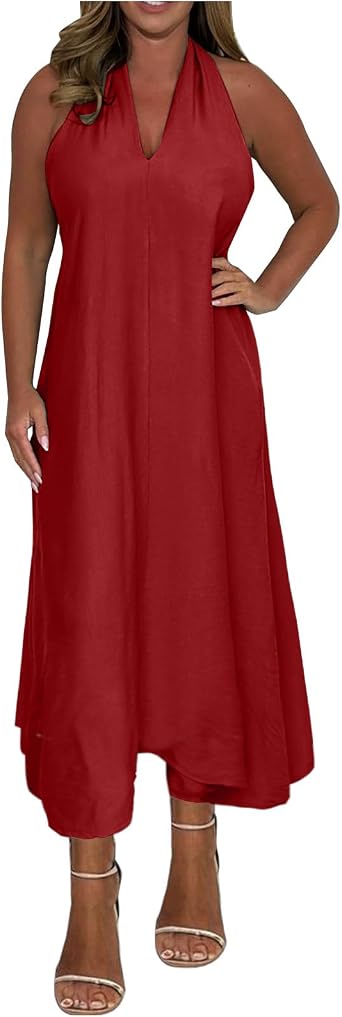 Womens Plus Size Wedding Guest Dresses Sexy Halter Deep V-Neck Sleeveless Elegant Maxi Dress for Women