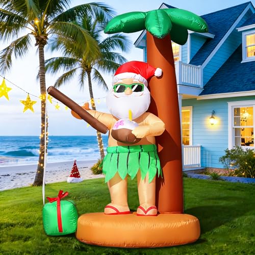 DomKom 5FT Christmas in July Inflatable Blow Up Decorations Hula Santa Claus Fishing for Gift Box by Palm Tree Summer Hawaiian Tropical Beach Built-in LEDs for Holiday Party Garden Lawn Yard