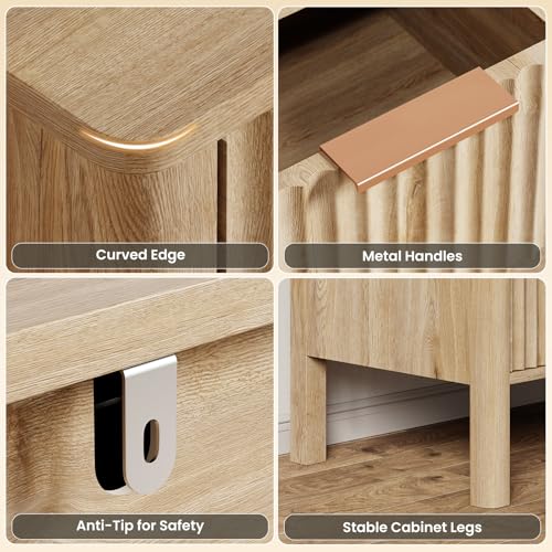 Image of 32 inch Wide Fluted 3 Drawer Dresser for Bedroom, Wooden Dresser Modern Chest of Drawers End Table Dressers with Organizer Storage for Bedroom, Living Room, Entryway, Oak