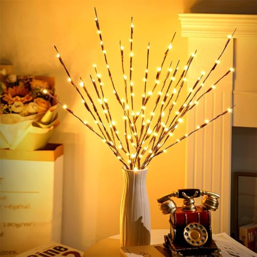 URAQT 73 CM LED Baumastlicht, 3 Stück Beleuchtete Zweige für Vasen Weidenzweigdekoration mit Batteriekasten Künstlicher Baum DIY… – Ansicht 3