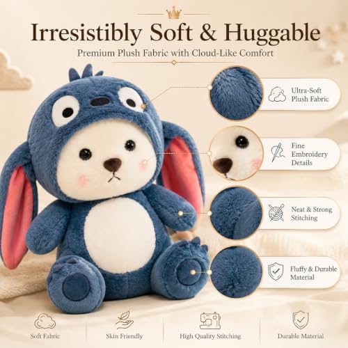 Image of Soft Stuffed Animal,Hoodie Bear Teddy Plush Toy Removable Cap with Long Ears for Birthdays Special Occasions Boys, Girls, & Kids Navy Blue, 28 cm