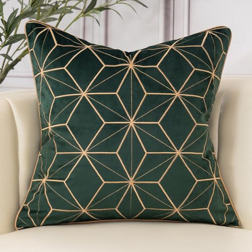 Aeckself Velvet Embroidery Pillow Cover 18x18 Inch, Luxury Modern Decorative Plaid Throw Pillow Cover for Couch Bedroom Living Room, Dark Emerald Green and Gold, WHJ-Green4545