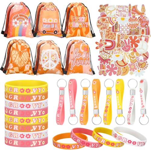 Honoson 86 Pcs Groovy Party Decorations Includes 50 Retro Groovy Stickers 12 Boho Hippie Keychain 12 Daisy Rainbow Silicone Wristband Colorful Retro Drawstring Bag for Birthday Decor