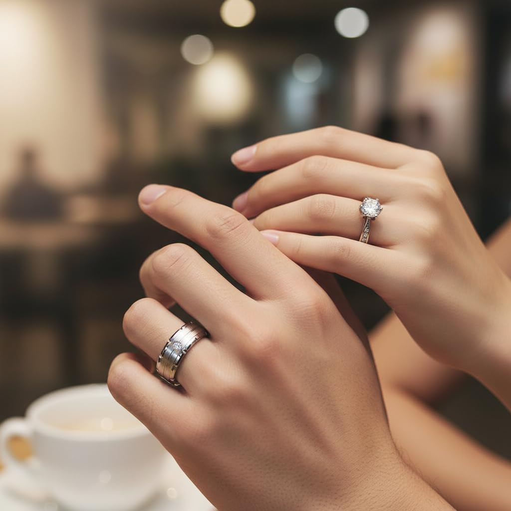 Custom His and Hers Matching Wedding Rings Set Gold Plated Cubic Zirconia Engagement Ring for Women & Titanium Band for Men Classic Bridal Couple Set Anniversary Valentine's Day Rose Gift Box