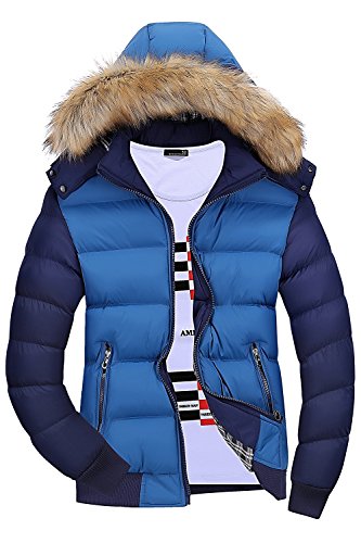 Mr.Stream Manteau d'hiver à capuche en coton pour homme - Style décontracté - Coupe-vent - En fausse fourrure - Bleu - S Cover