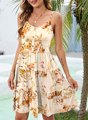 Image of YATHON Sundresses for Women Casual Summer Beach Sleeveless Spaghetti Strap Dress Button Down Ruffle Flowy Pleated Dresses