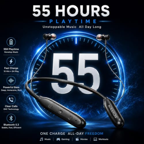 Image of Kratos Jazz Neckband Bluetooth Headphones with 55H Playtime, Deep Bass, Stereo Sound, HD Calls, Magnetic Earbuds, Voice Assistant, Type-C Fast Charging, Rich Audio, Comfort Fit Bluetooth Neckband