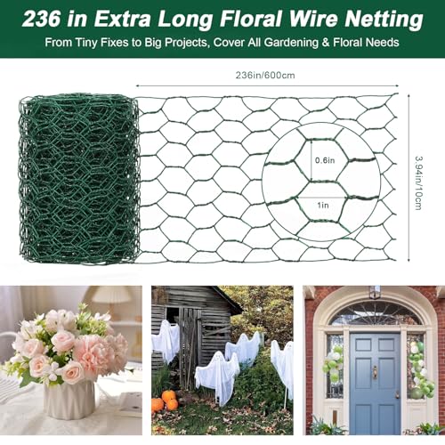 ROADPLUM 4 × 236 in Floral Wire Netting, Green Chicken Wire for Floral Arrangements, Galvanized Coated Chicken Mesh Netting with Plier & Plant Ties for Floral Supplies | Garden Fencing | DIY Craft