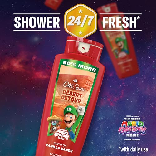 Image of Old Spice Body Wash for Men, x The Super Mario Galaxy Movie, 3X Defense, 24 /7 Shower Fresh with Long Lasting Scent, Smell Super with Desert Detour, Vanilla Sands Scent, 24 oz