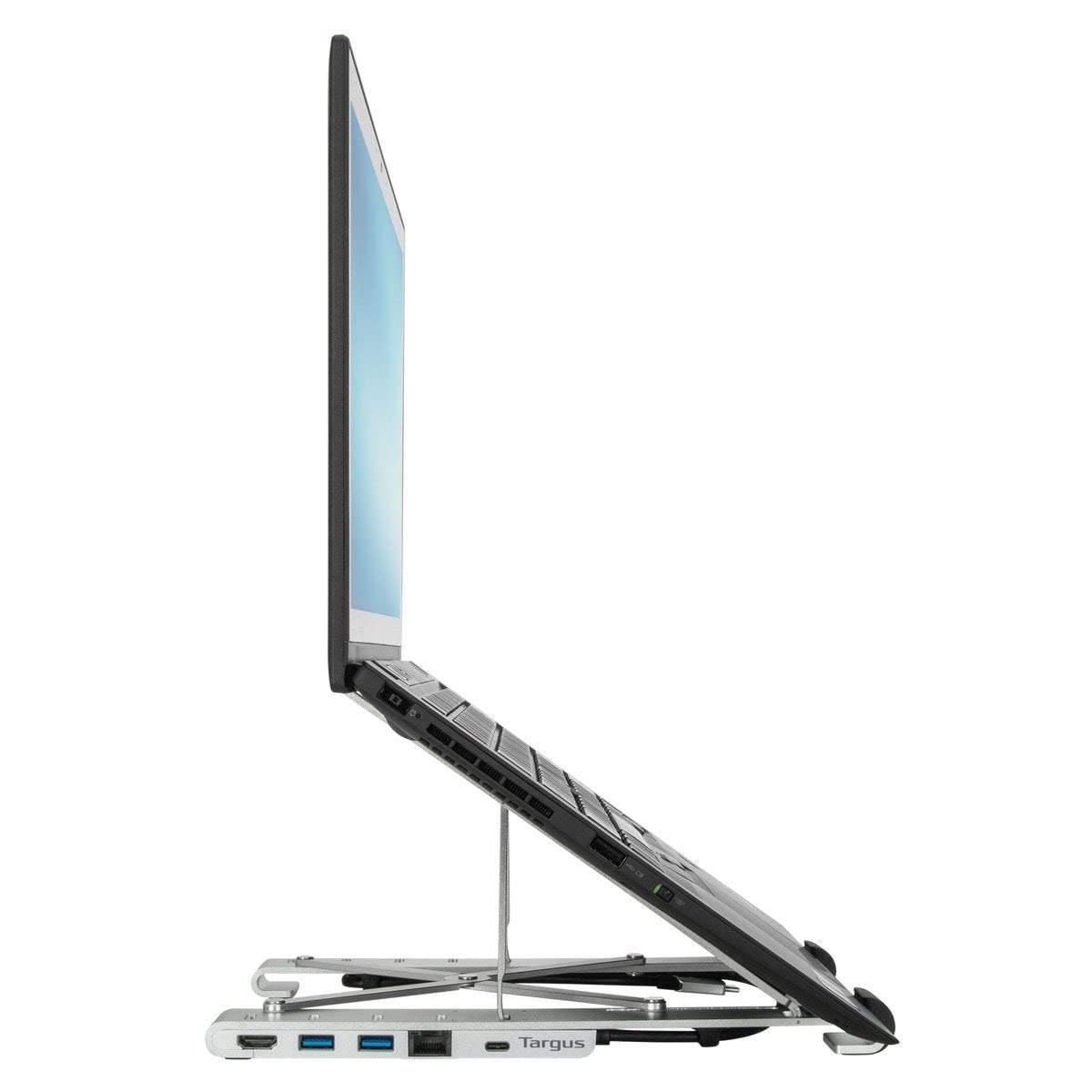 Targus Stojak na laptopa z wbudowaną stacją dokującą – składany uchwyt do komputera PC i MacBooka – składany uchwyt USB-C z portami – srebrny/czarny, AWU100005GL