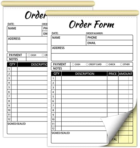 2 Pack Order Forms Receipt Book,2 Part Carbonless Sales Invoice Book for Small Business,5.5 X 8.3 Inches(50 Sets Per Book),White/Yellow