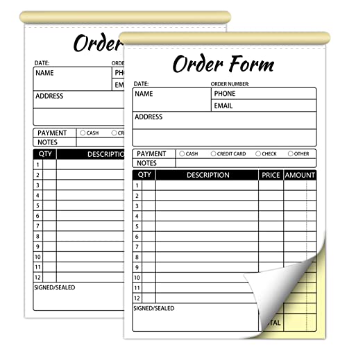 2 Pack Order Forms Receipt Book,2 Part Carbonless Sales Invoice Book For Small Business,5.5 X 8.3 Inches(50 Sets Per Book),White/Yellow #TOP12