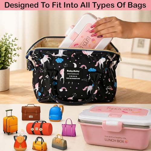 Image of WISHKEY Plastic BPA Free Stainless Steel Medium Size Lunch Box with Separate Container, a Spoon & a Fork, Soft Color Tiffin Box & Cutlery Accessories for Kids & Adults, 500 ml, Pink, 6+Years(Set of 1)