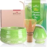  Goodwei Juego de Matcha - 30g Té Matcha Biológico Japonés, Cuenco Ceremonial, Batidor y Soporte (Midori)