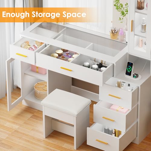 BEWISHOME 49.2" Large Vanity Desk with Mirror and Lights,White Makeup Vanity Table with Glass Top,Stool,Makeup Desk with Power Outlet,5 Drawers,Nightstand,Dressing Table for Bedroom Women FST34W