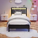 FOUBAM 3FT Single Bed Frame, Upholstered Bed Frame with Storage Headboard, Heavy Duty Metal Bed Single with LED Lights and Charging Station,Metal Platform Mattress Foundation 90x190cm,Black