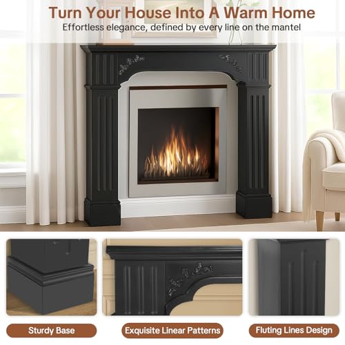 Image of HOMEDIARY Rustic Black Freestanding Fireplace Mantel, Modern Painted Fireplace Surround with Mantel for Living Room, Grade A MDF Mantel Surrounds with Legs for Home Decor /Wall Decor, Anti-Tipping