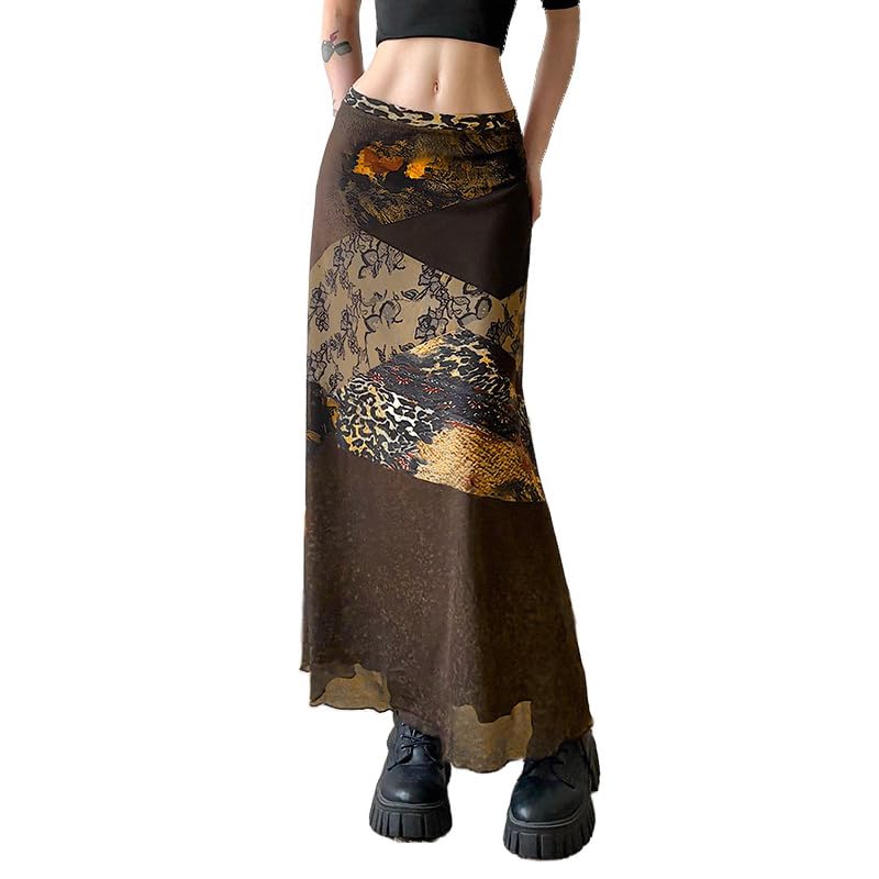 Womens Vintage Print Mesh Splicing Low Waist Straight Slim Fit Trendy Casual Skirt