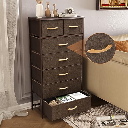 Image of Tall Dressers for Bedroom, 7 Drawers Dresser Fabric Storage Closets Storage Units Organizer Tower Steel Frame Wooden Top for Bedroom, Hallway,Nursery, Entryway(Dark Brown)